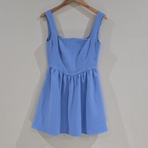 French Connection blue fit & flare dress square neck strappy sleeve pleated 6